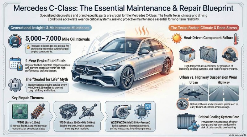 Экспертный ремонт Mercedes C-Class в Далласе и Плано – надежный сервис и оригинальные запчасти 